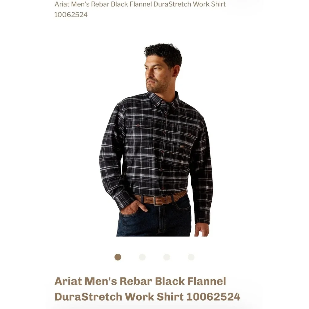 Ariat Men L Rebar Black Flannel DuraStretch Work Shirt Long Sleeve Button Up New